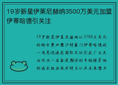 19岁新星伊莱尼赫纳3500万美元加盟伊蒂哈德引关注