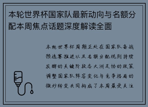 本轮世界杯国家队最新动向与名额分配本周焦点话题深度解读全面