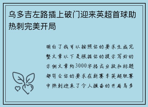 乌多吉左路插上破门迎来英超首球助热刺完美开局 乌多吉左路插上破门迎来英超首球助热刺完美开局